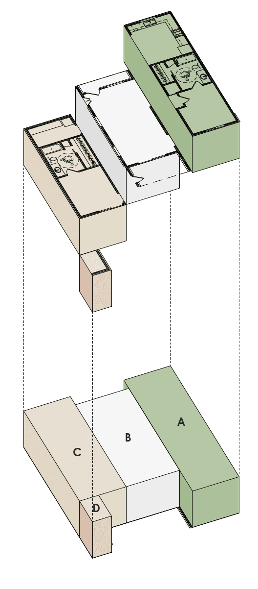 Isometric diagram of a modular two-bedroom unit assembly, showing labeled modules (A, B, C, and D) with detailed layouts for kitchen, bedrooms, bathrooms, and storage components.