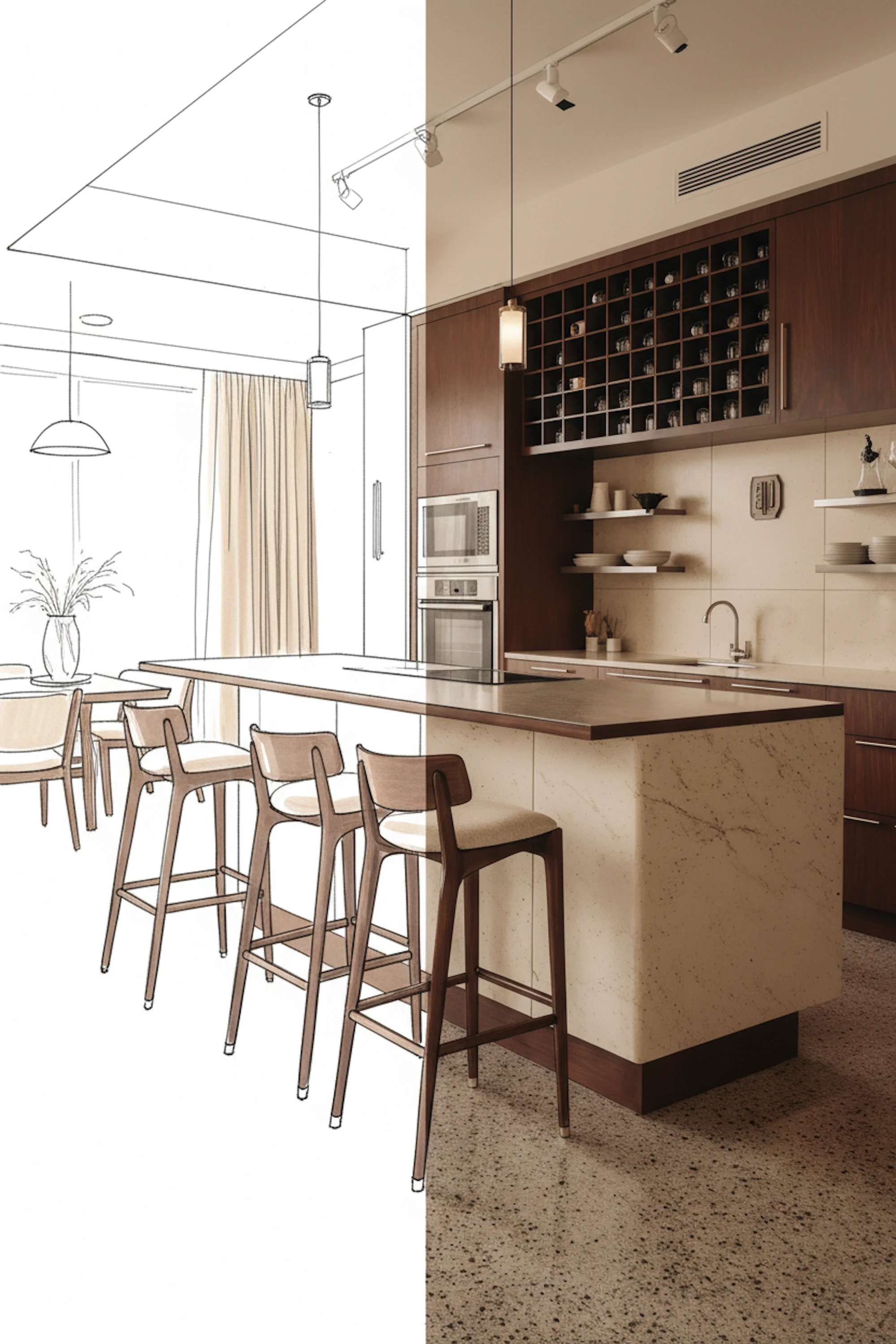 Interior of a warm, modern café rendered in line-art style with high ceilings, pendant lighting, and wood and metal furnishings.