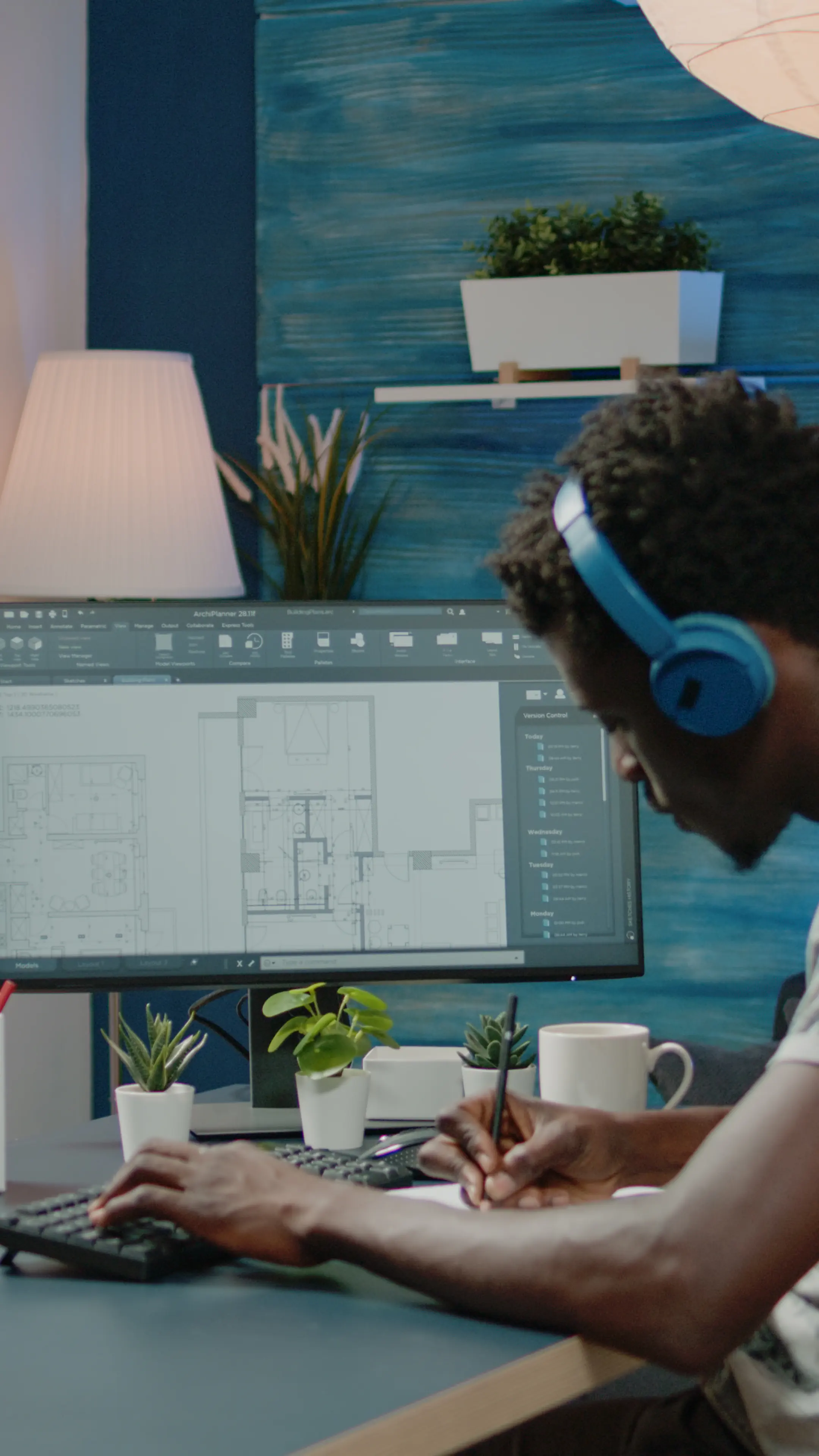 An architect wearing blue headphones works on a CAD floor plan display and takes notes at his desk