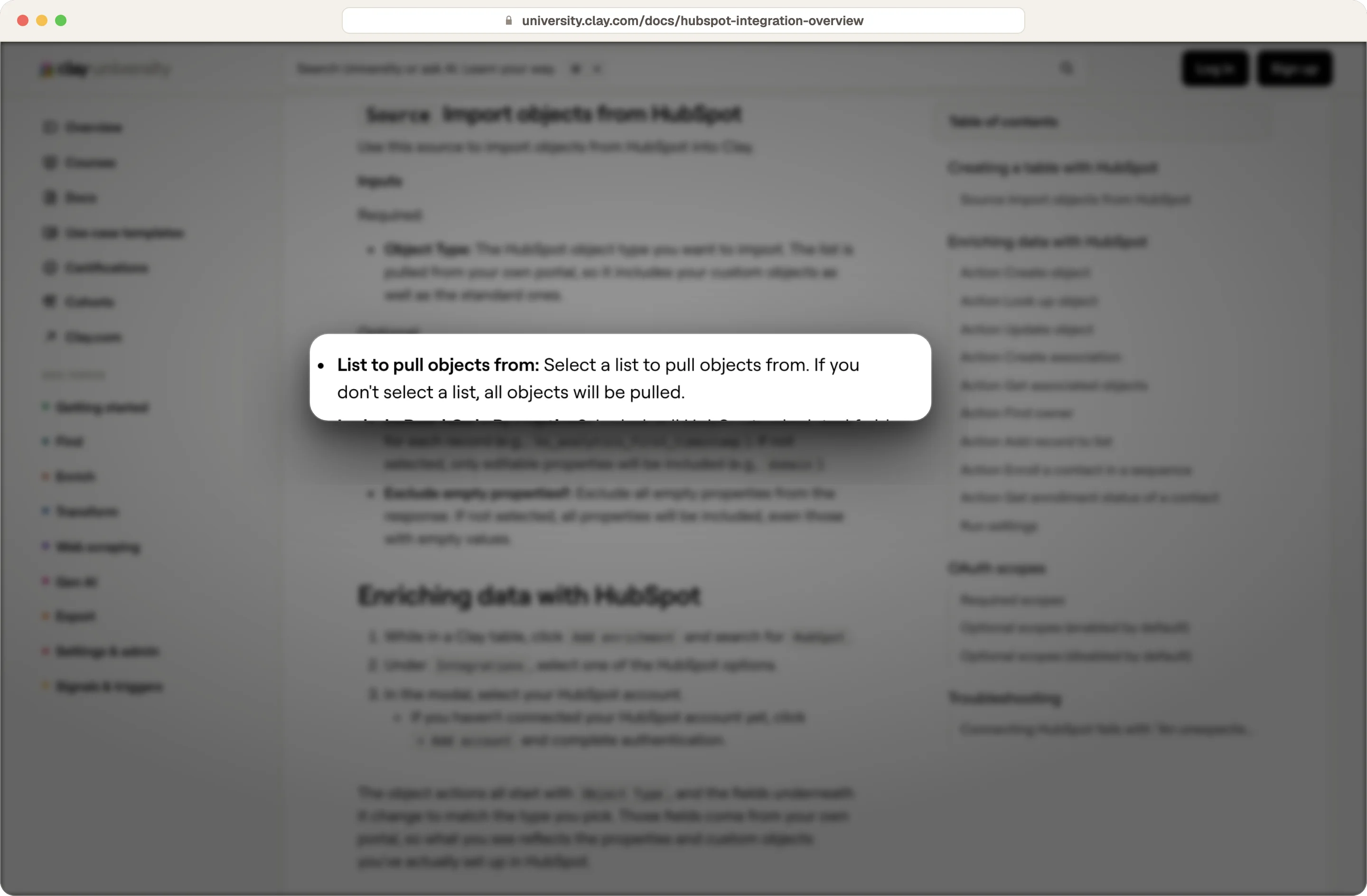 Clay documentation on Import objects from HubSpot, pulling from a list or from all objects