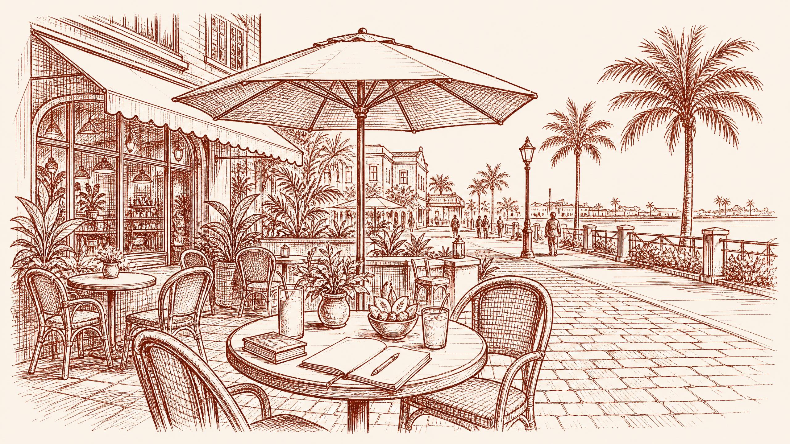 A tropical café patio arranged for a small study meetup, with round tables, best cafes in tampa