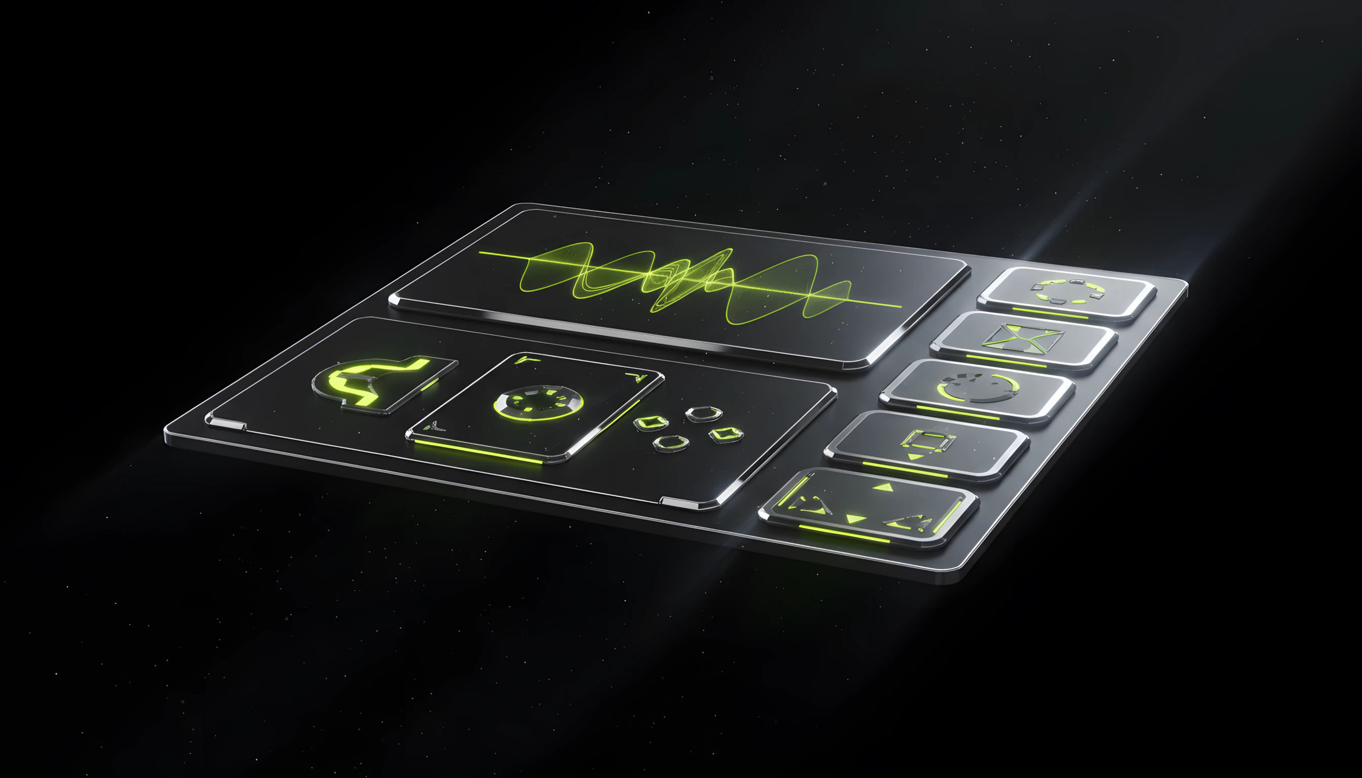 Producer portfolio mockup on dark canvas showing hero ident, case study player, services page tier table, Bioluminescent Noir aesthetic