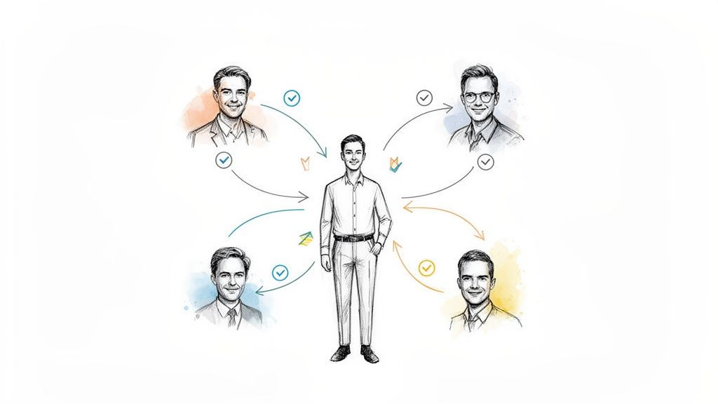 Illustration of a central man connected by arrows to four other men, representing deal sourcing strategies.