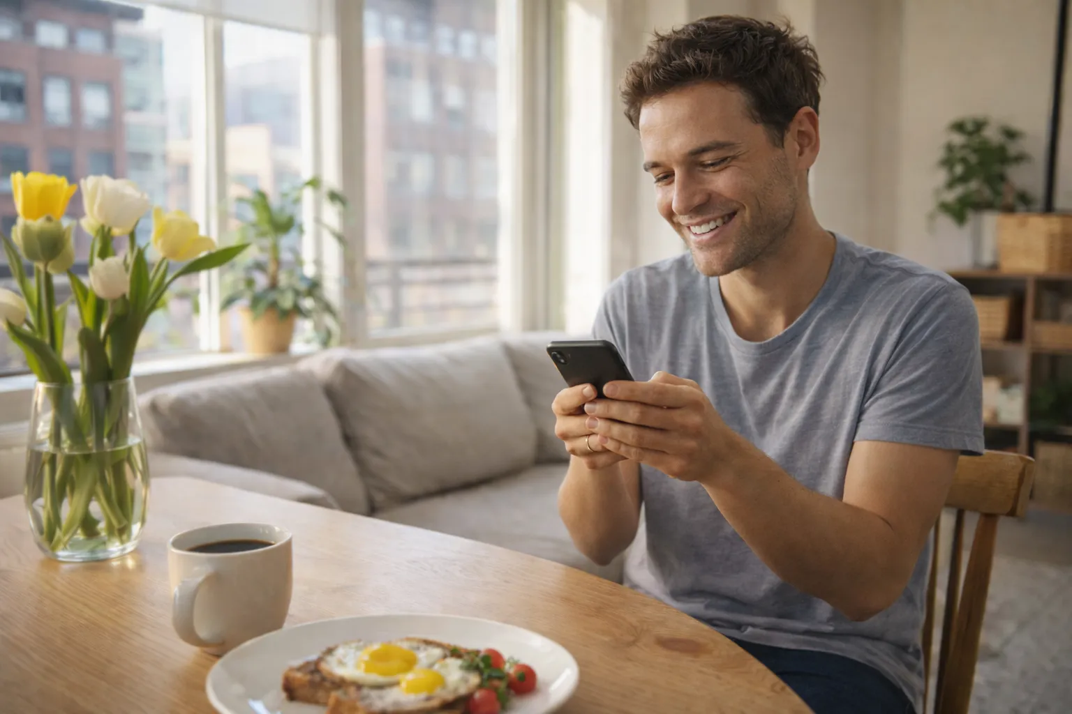 Neura Health - Man smiling at his phone during breakfast at home