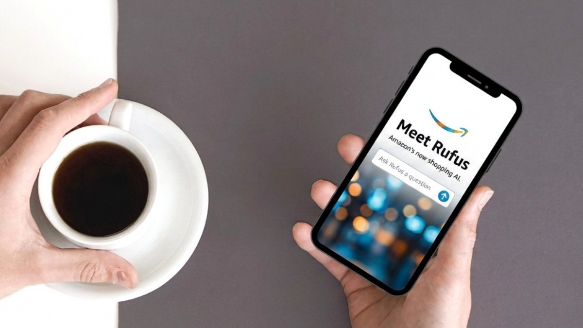 A person's hands are shown in a close-up shot, with one hand holding a white coffee cup filled with dark coffee on a saucer, and the other hand holding a smartphone. The background is split into two distinct colors: white on the left and dark gray on the right. The smartphone screen displays an interface with the text "Meet Rufus," the Amazon logo, and a prompt to "Ask Rufus a question." The background of the smartphone screen features a bokeh effect with blurred lights in shades of blue and orange. The lighting is soft, highlighting the textures of the hands, the coffee, and the phone.