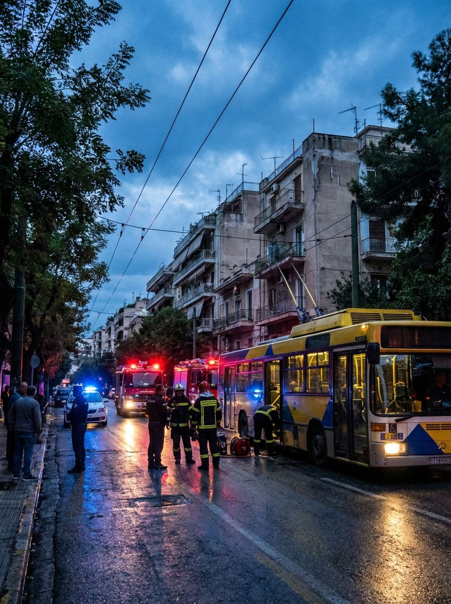 Early morning street in Zografou with bus parked and emergency responders arriving