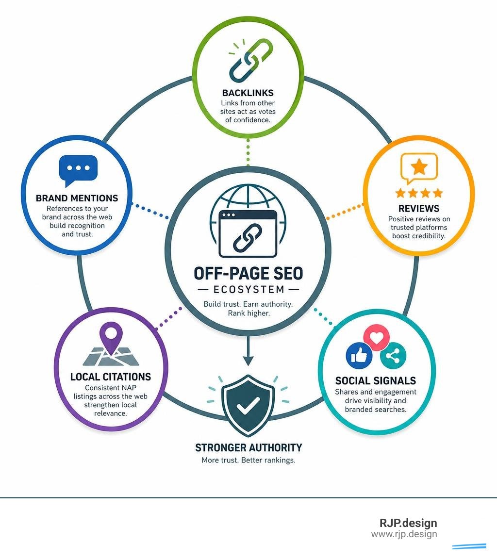 Off-page SEO ecosystem infographic showing backlinks, brand mentions, reviews, local citations, and social signals