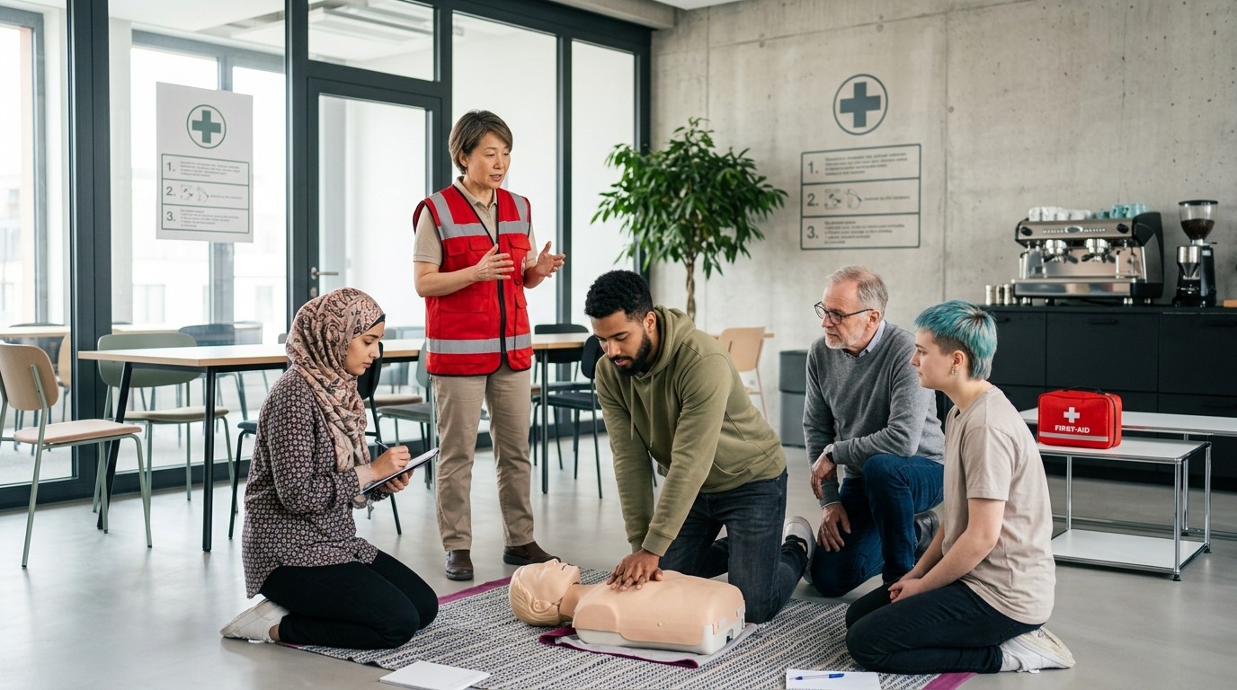 Gruppe von Personen bei einer Erste-Hilfe-Schulung mit einer Übungspuppe