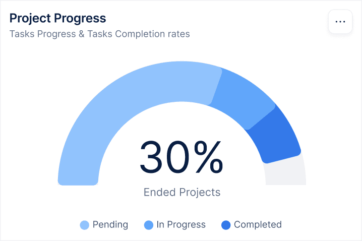 A progress gauge shows 30% completion, with sections labeled "Ongoing," "In Progress," and "Completed."