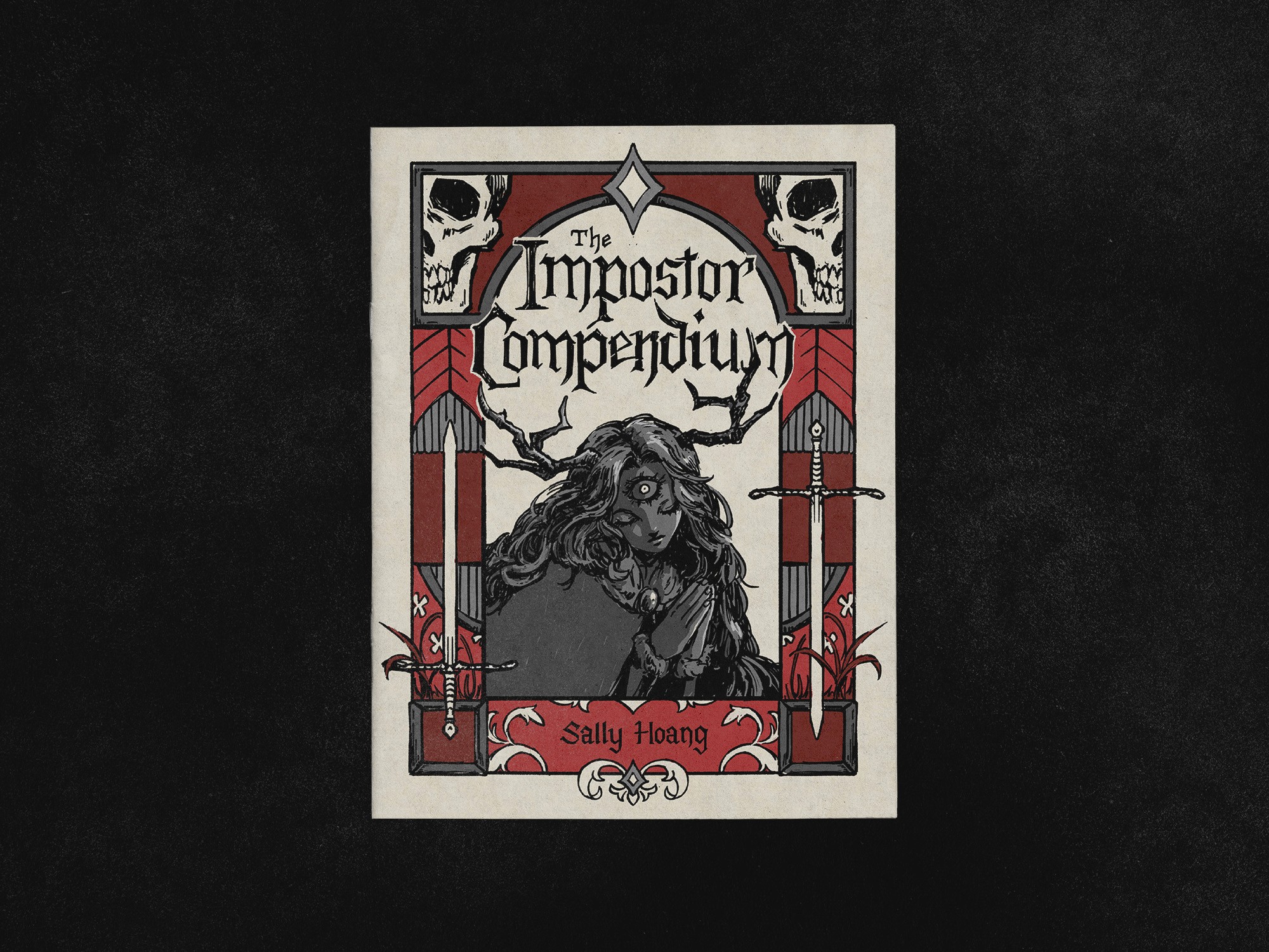 illustrated zine cover with medieval style ornamental border and handlettered title