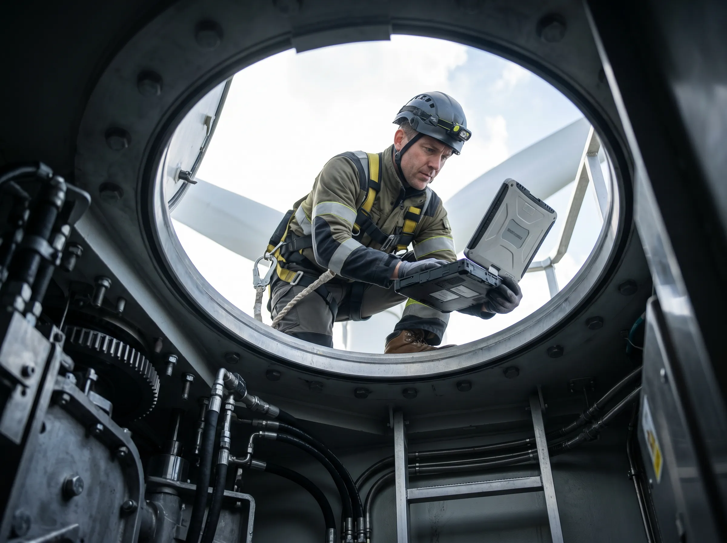 A worker in a hard hat and bright jacket inspects electrical equipment in a solar panel installation.