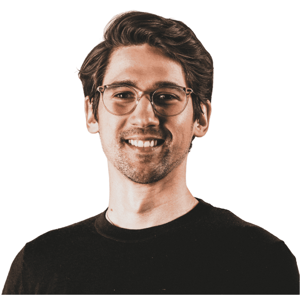 a man wearing glasses and a black shirt (Background Removed)