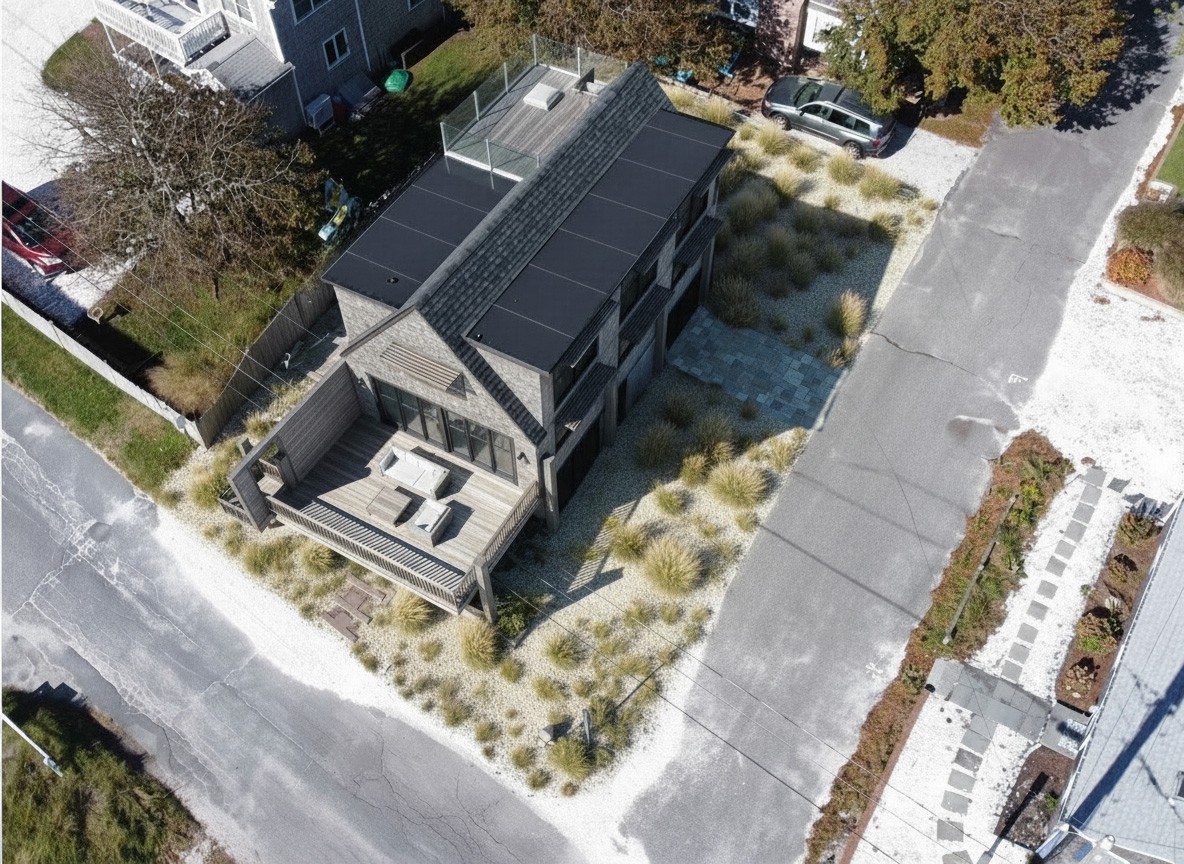 coastal-flood-resilient-raised-house-chatham-ma-summer-cedar-modern-mava-aerial-drone-shot