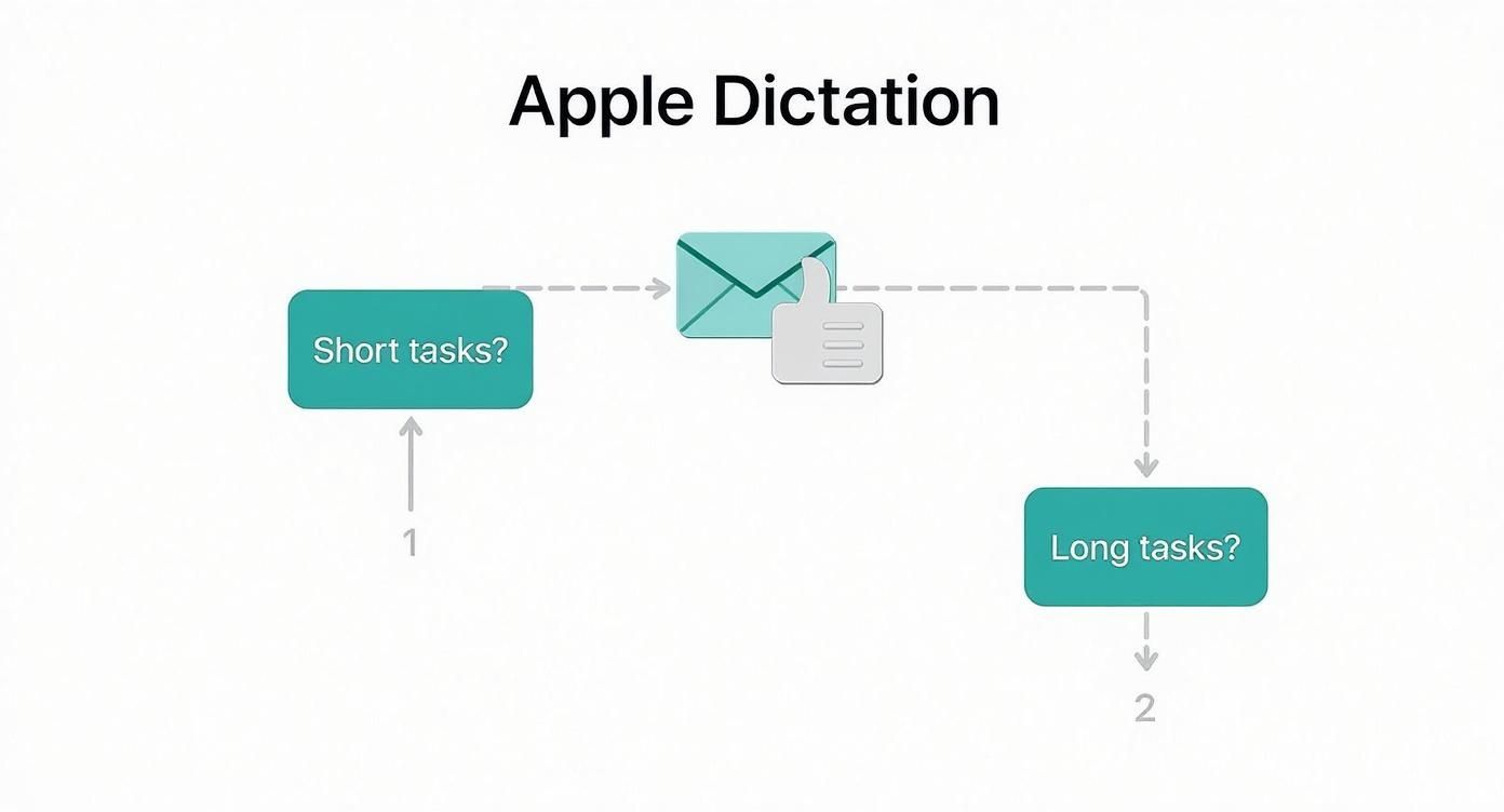 Infographic decision tree showing Apple Dictation is good for short tasks but not for long, complex ones.