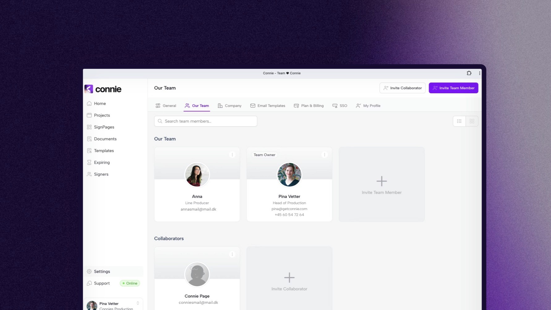 Interface of Connie showing the team members and collaborators