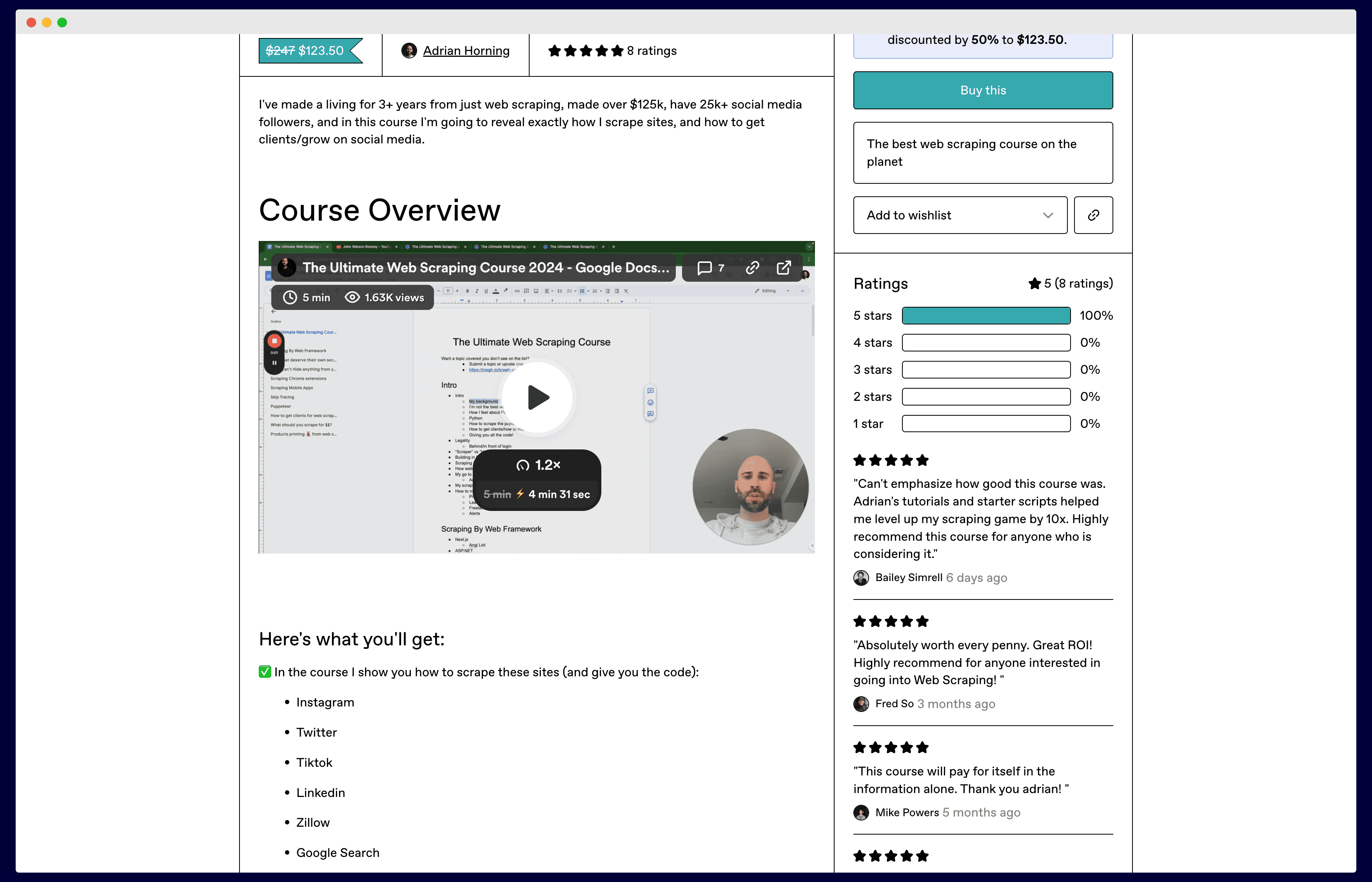 A screenshot of adrian's the ultimate web scraping course on gumroad