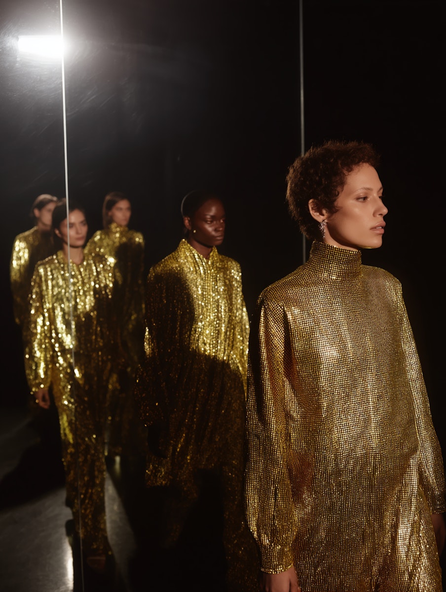 Four women in shimmering gold outfits stand in a dimly lit space with their reflections in a mirror, creating a dramatic visual effect.