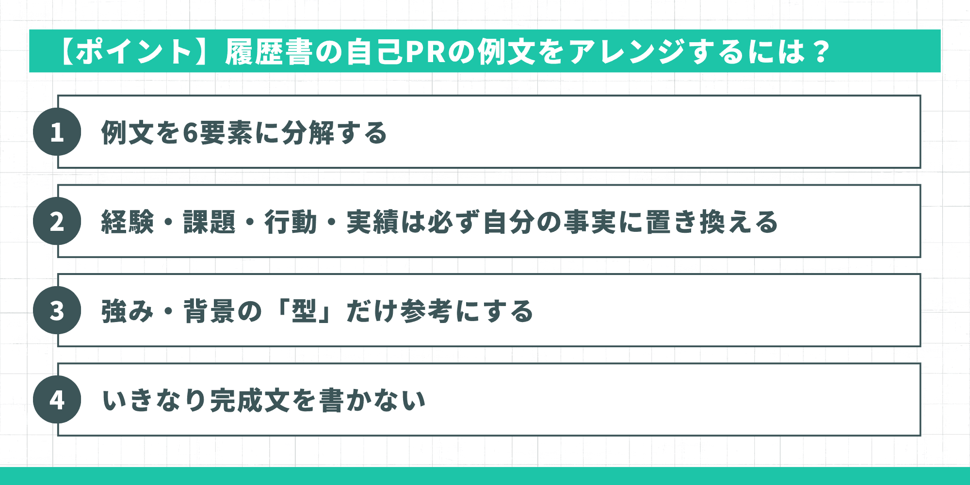 【ポイント】履歴書の自己PRの例文をアレンジするための4ステップ(例文を6要素に分解・経験を自分の事実に置き換え・強みの型だけ参考に・完成文を書かない)