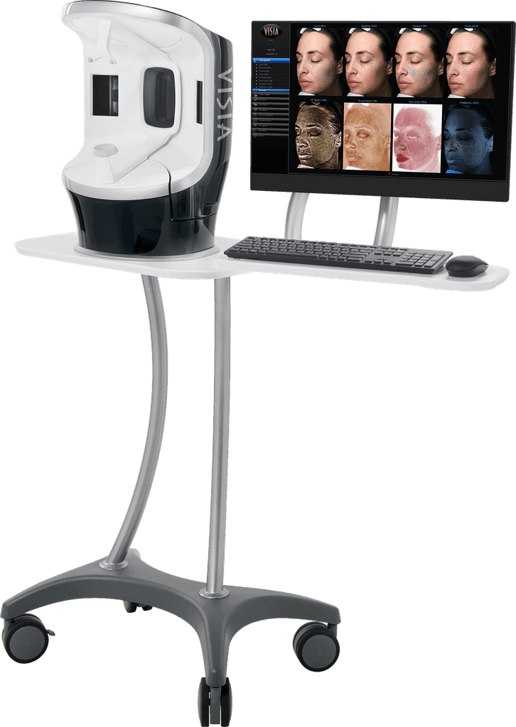 VISIA Skin Analysis device with display showing detailed facial scans used for personalized skincare plans and tracking skin health progress.
