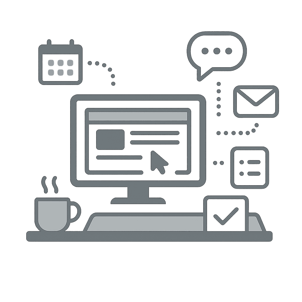 Arbeitsplatz mit Computer, E-Mail, Kalender, Sprechblase, Aufgabenliste und Kaffeetasse – steht für digitales, vernetztes Arbeiten im Büroalltag.