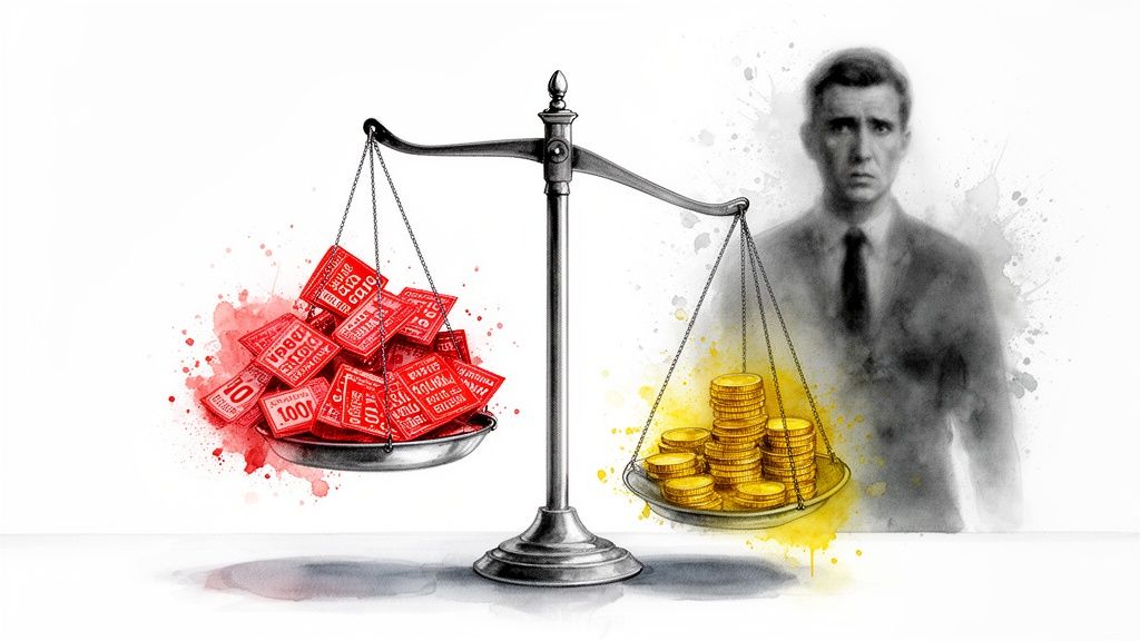 Watercolor illustration of a scale balancing red discount vouchers against stacks of gold coins, with a pensive man.