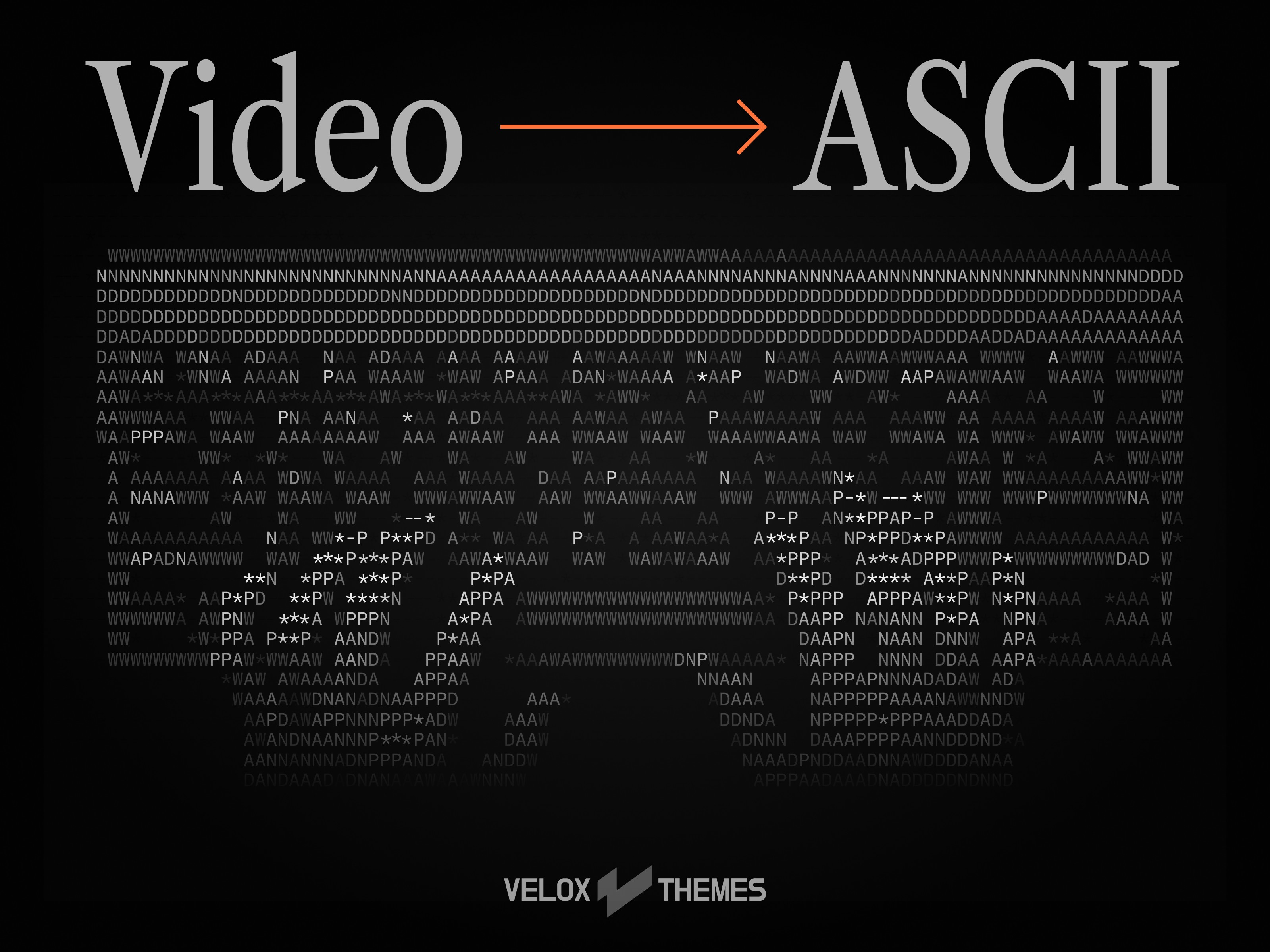 Text "Video → ASCII" above ASCII art on black. "VELOX THEMES" at bottom in white.