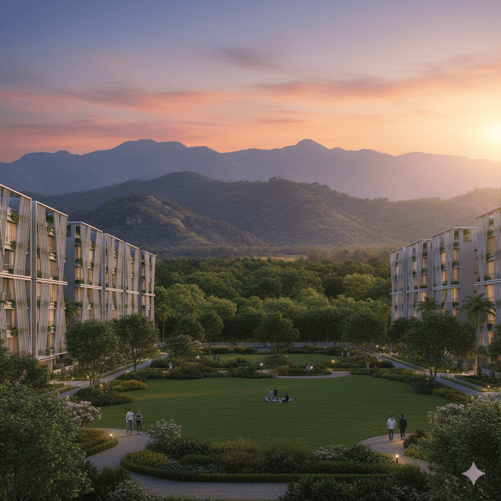 Green landscape view adjacent to Aravalli hills, Smart World project, Gurgaon