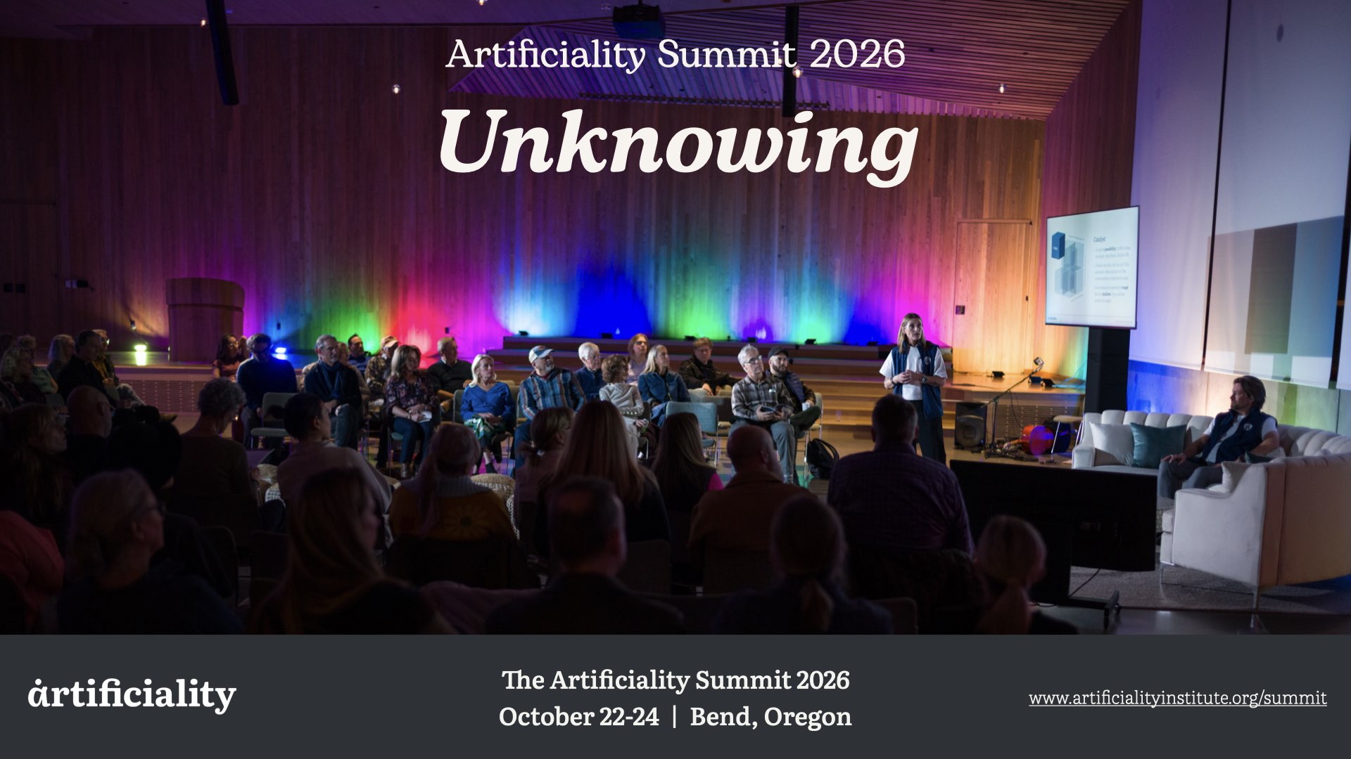 A promotional image for the Artificiality Summit 2026. Theme: Unknowning. Dates: Oct 22-24, 2026. Location: Bend, Oregon
