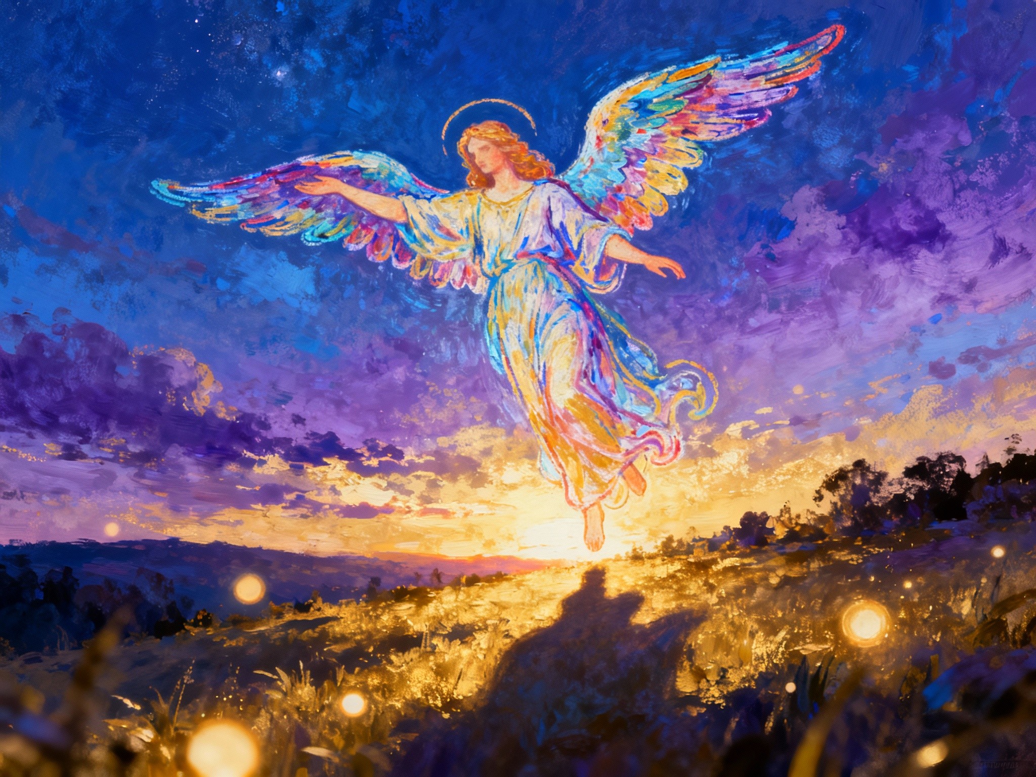 An ethereal landscape format wide composition featuring a vibrant, colorful angel drawing integrated
