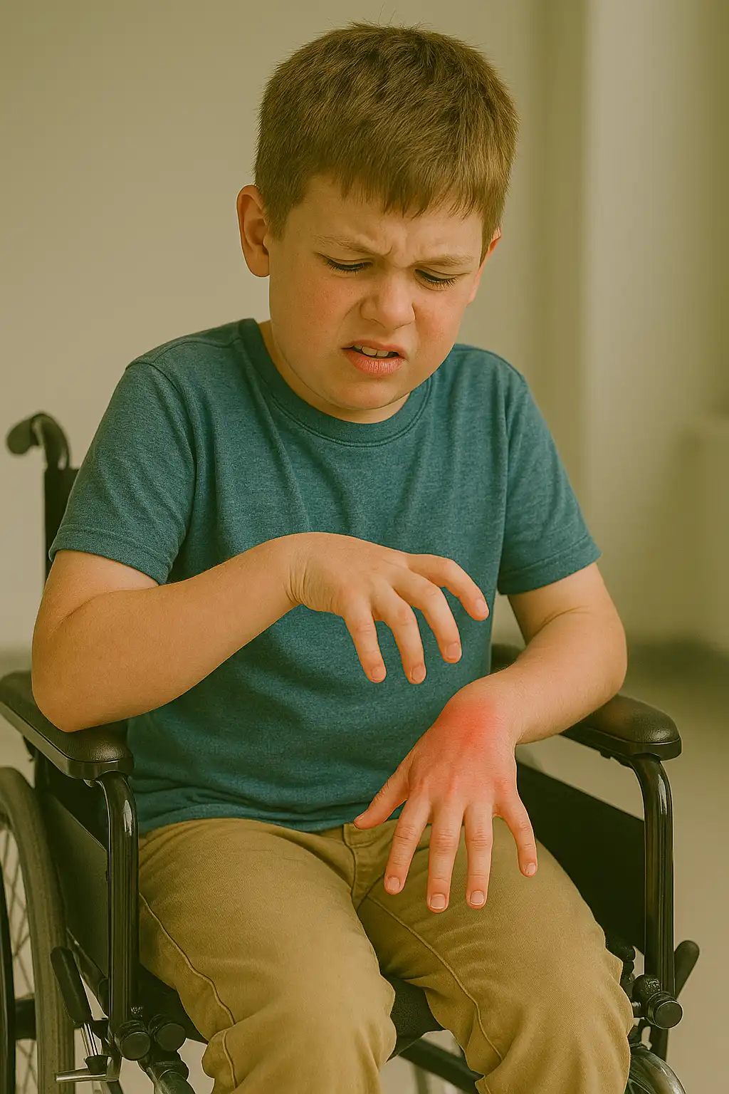 Child sitting in a wheelchair with visible pain and redness in the hand, representing pediatric neuromuscular conditions or acute hand pain requiring physiotherapy. Genetic Motor Disorder