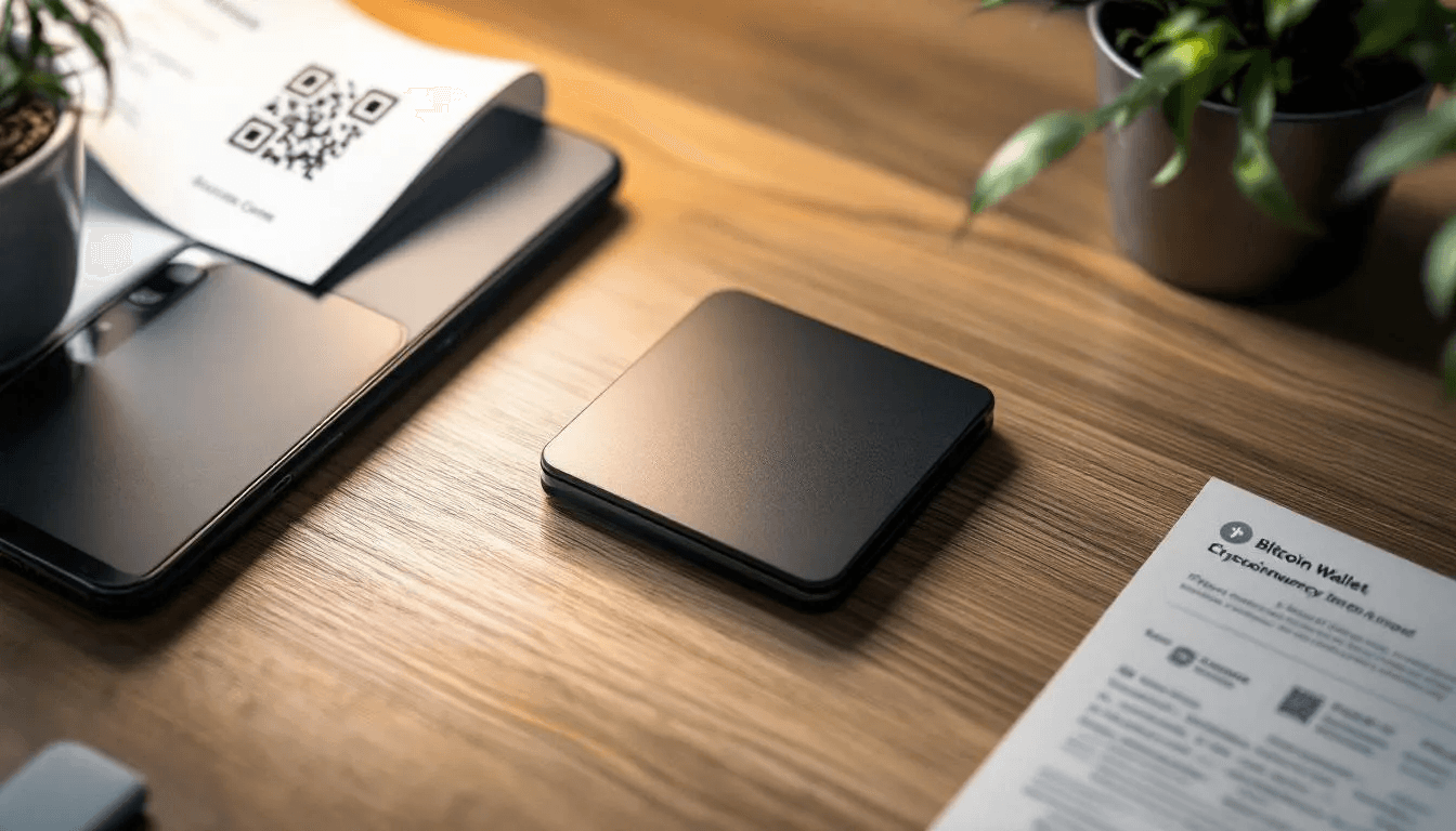 The image displays various types of bitcoin wallets, including hardware wallets, mobile wallets on smartphones, and paper wallets, all arranged neatly on a desk. This assortment illustrates the different methods for securely storing cryptocurrencies, showcasing both physical devices and digital tools used for managing bitcoin transactions.
