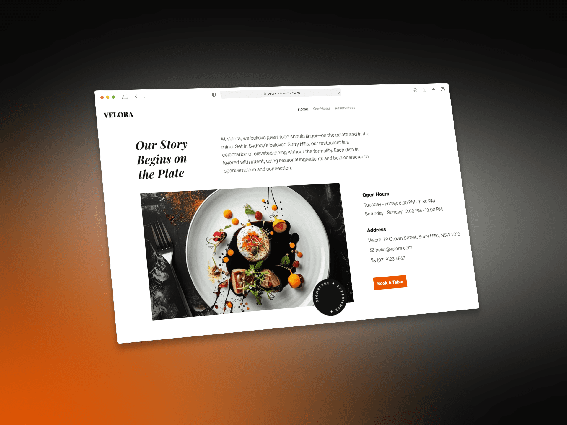 Laptop showing a dark-toned web page with warm lighting, featuring the tagline “A Taste That Moves You” in a cinematic restaurant setting.