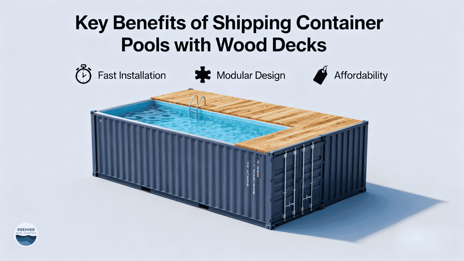 Infographic showing key benefits of shipping container pools with decks including fast installation, modular design, and affordability