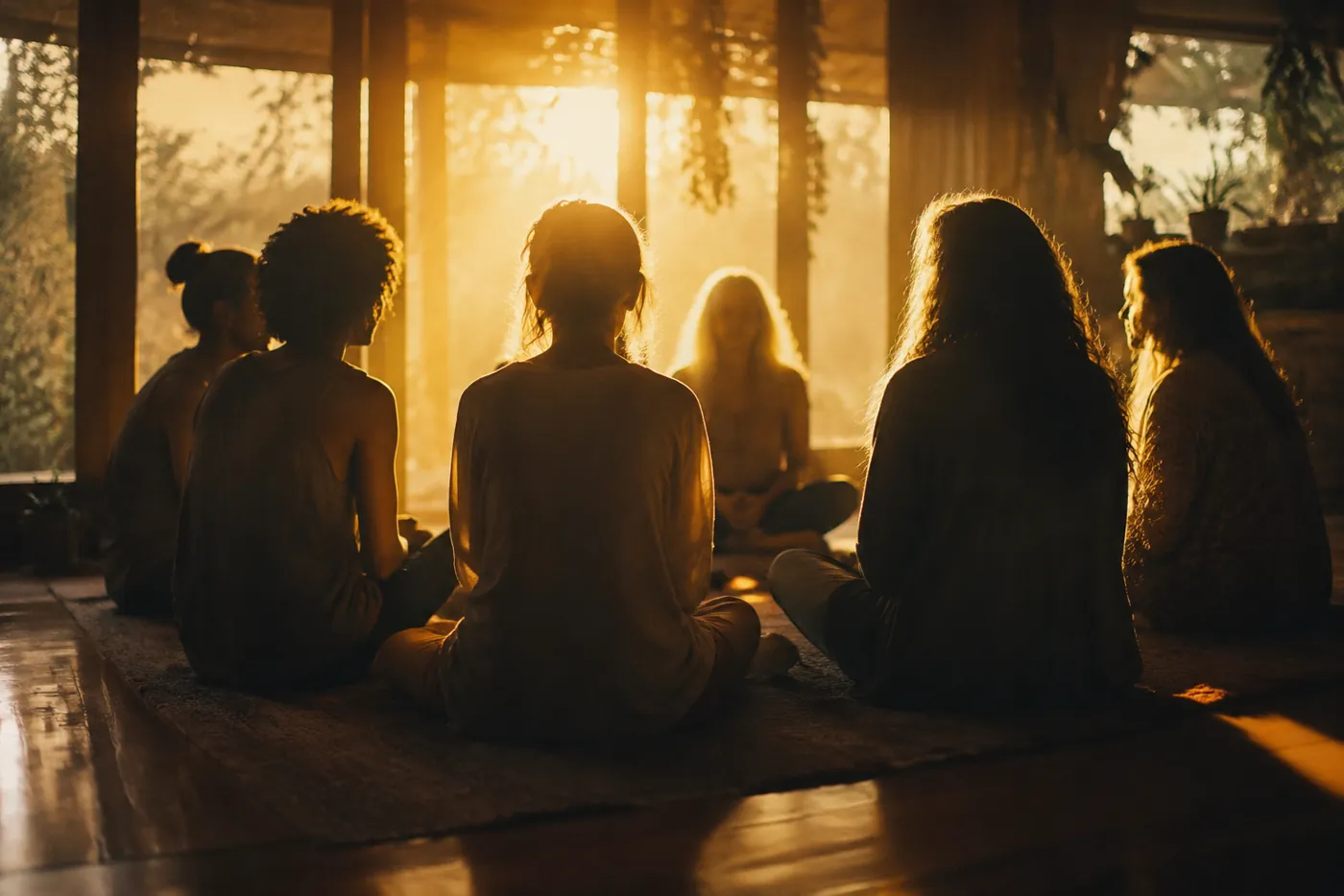 A group of people sitting in a circle for a shared meditation session, backlit by warm light