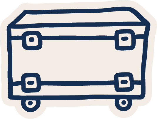 Illustration of a vintage trunk with metal accents and a simple, stylized design in blue outline on a light background.