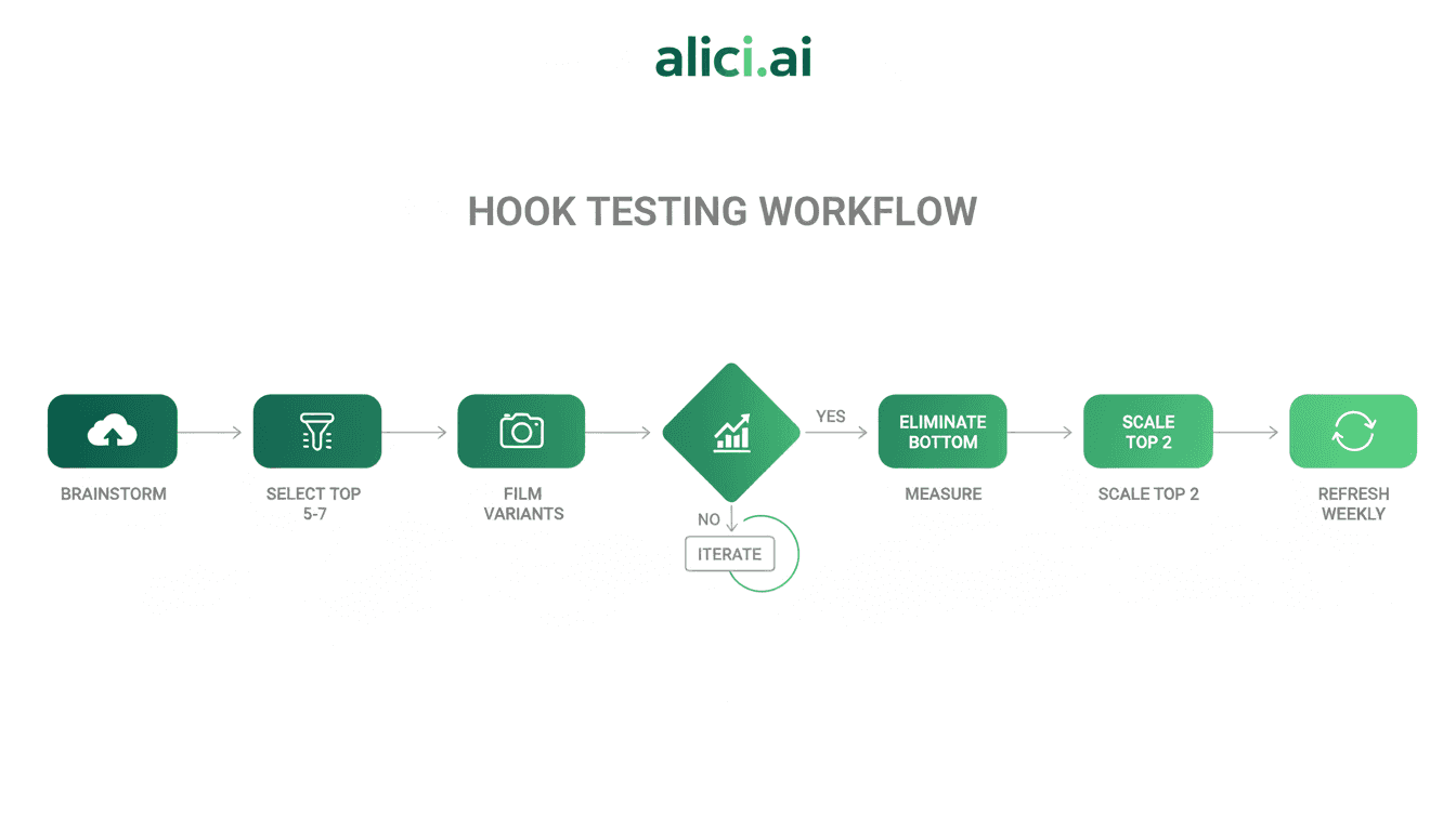 Flowchart showing the 8-step hook testing workflow: Brainstorm, Select, Film, Launch, Eliminate, Scale, Refresh, Re-test
