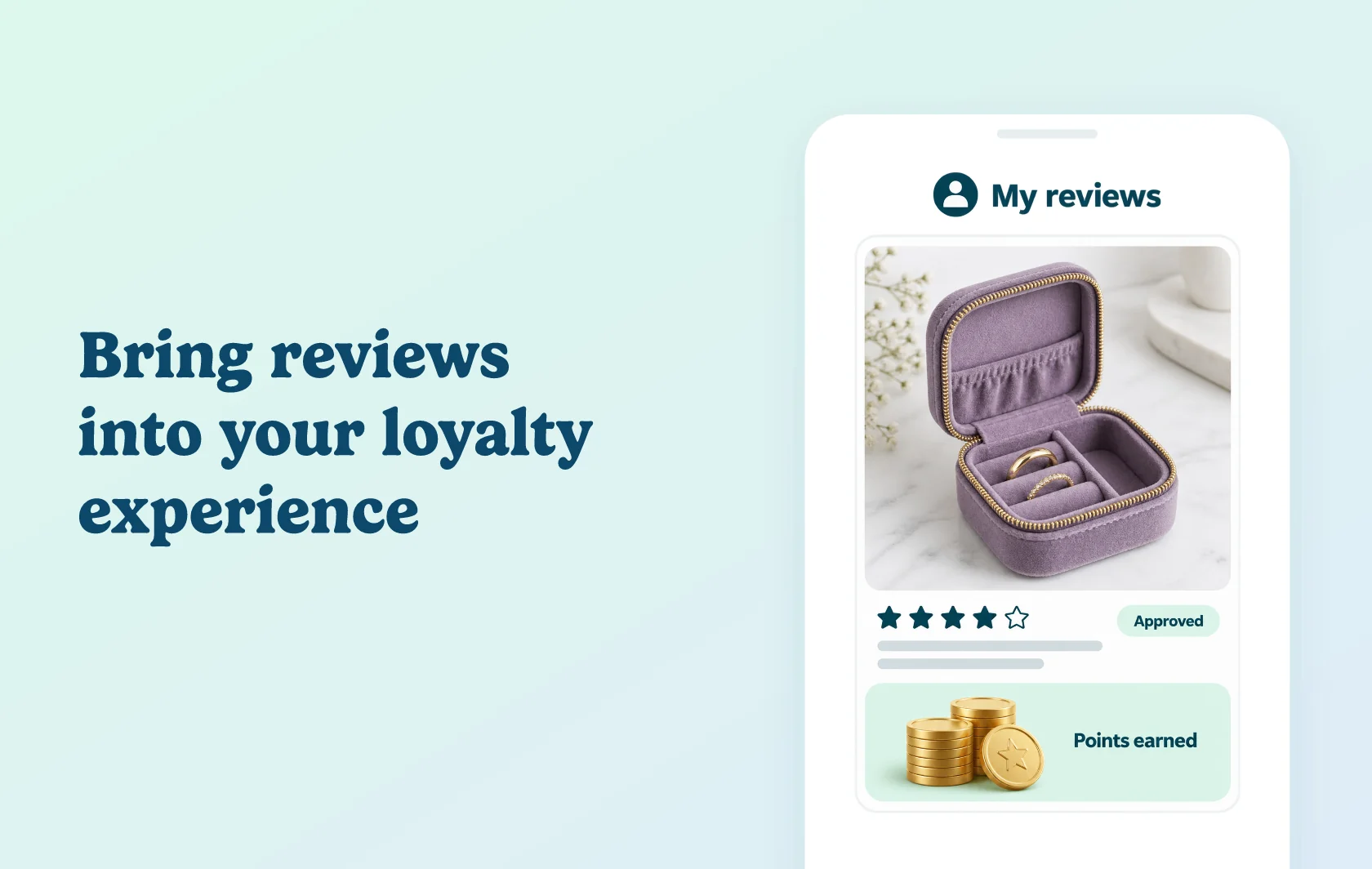 Judge.me and Joy integration: illustration of a jewellery-case review in an anonymous customer view with a loyalty reward, inside a phone.