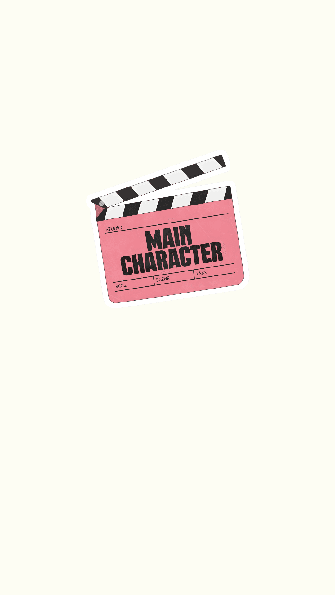 Pink film clapperboard with the words Main Character written in bold black text on a cream background