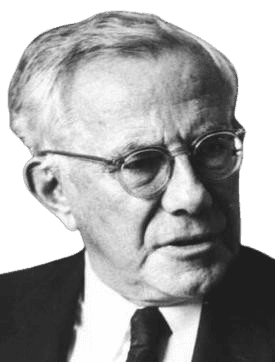 Black and white portrait of an older man with short, neatly combed hair and round glasses. He wears a suit and tie, looking slightly to the side with a contemplative expression. The image captures a sense of intellect and seriousness, with subtle wrinkles suggesting age and experience.