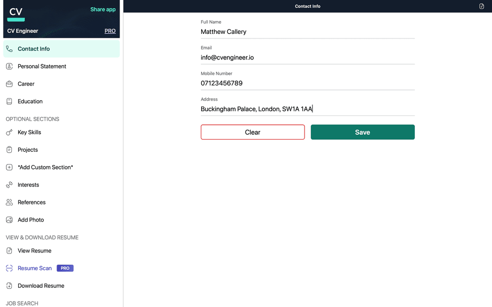 Screenshot of the Contact Info screen in the CV Engineer Mac app