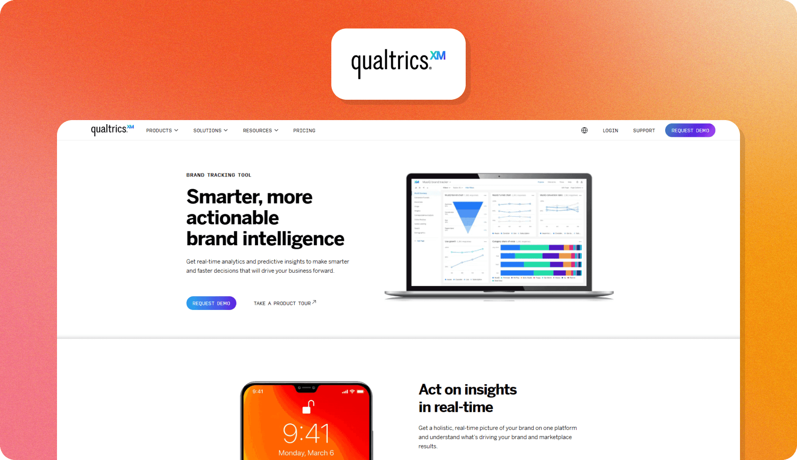 The Qualtrics XM logo above a screenshot of the Qualtrics brand tracking tool homepage on an orange gradient background, showing the headline "Smarter, more actionable brand intelligence" alongside a product dashboard displaying brand tracking analytics and charts.