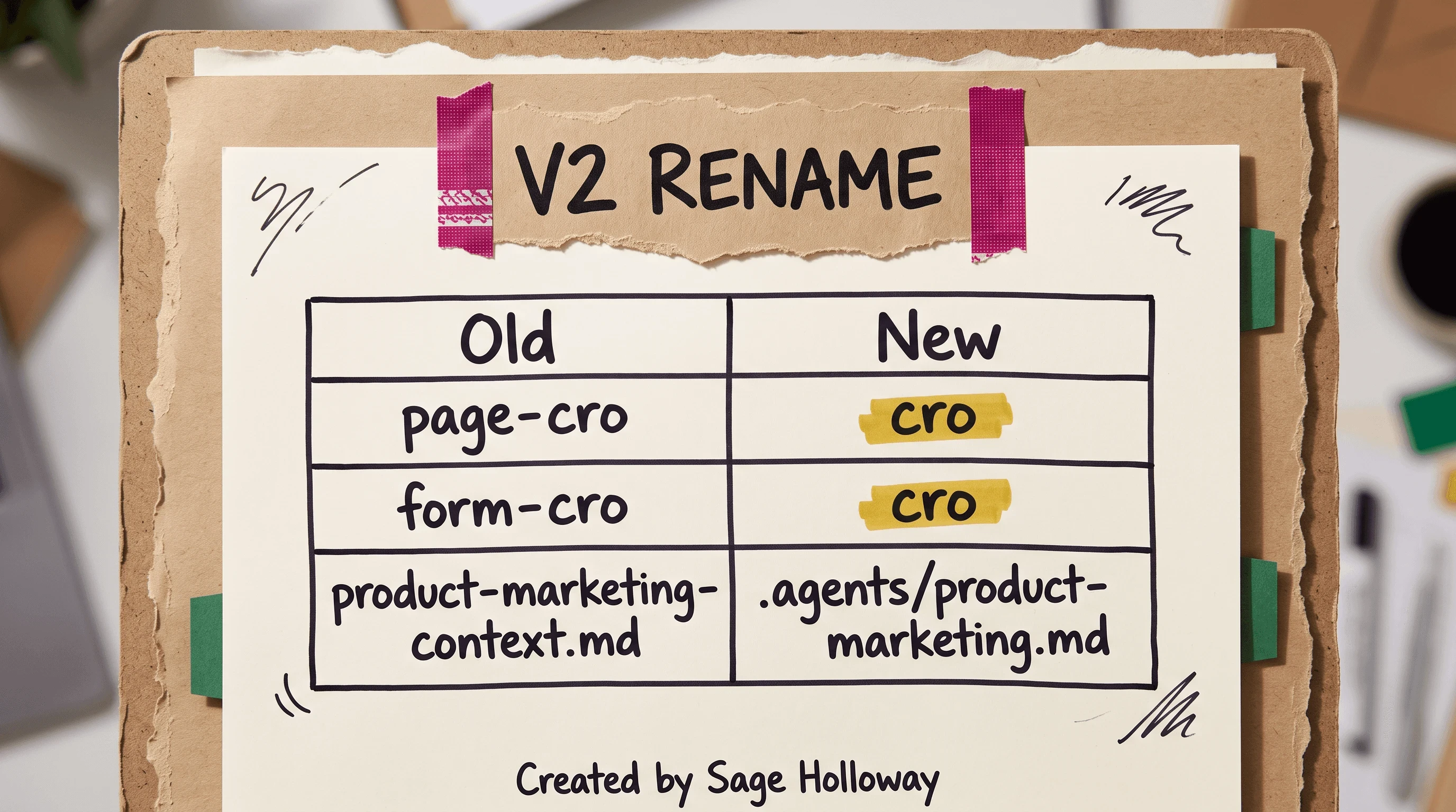 Table mapping v1 page-cro and form-cro folders to the unified v2 cro skill and the moved product-marketing.md path