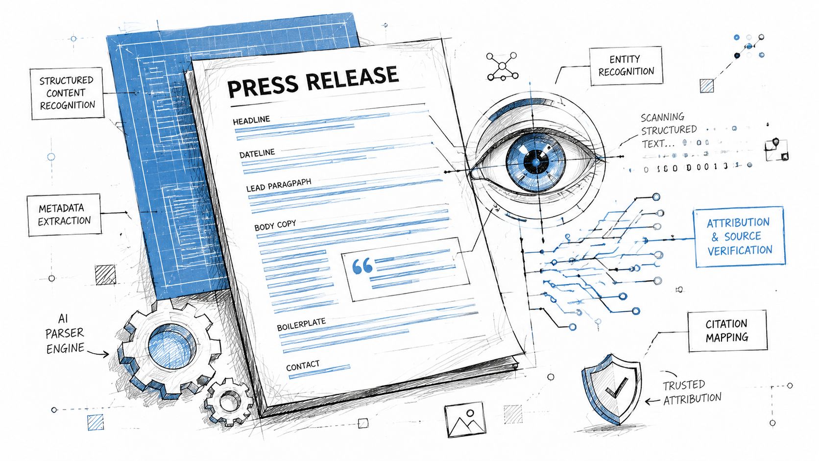 A conceptual illustration showing AI technology processing a press release document with data extraction and verification features.