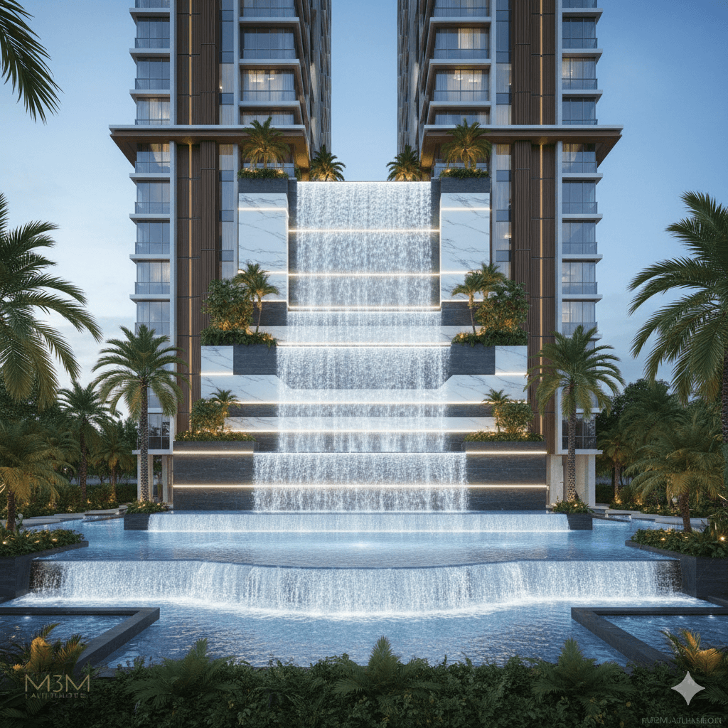 60 ft cascading waterfall feature ultra-luxury high-rise Gurgaon