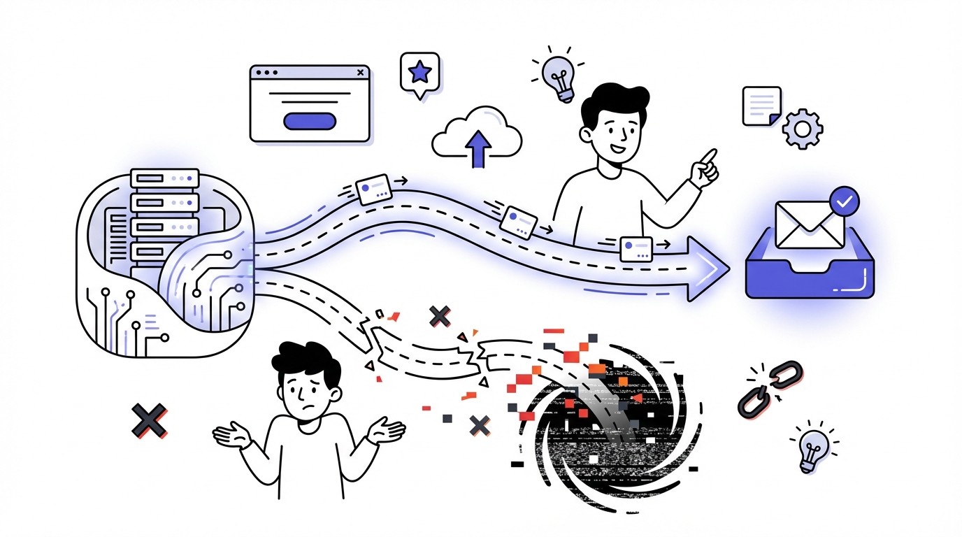 A modern tech illustration showing two digital paths for emails. One path is smooth and blue, leading to a glowing inbox. The other path is fractured and red, dissolving into digital static, symbolizing failed delivery.