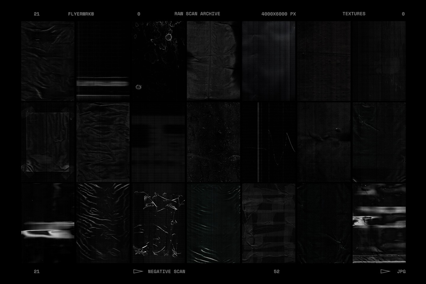 Raw Scan Archive pack overview showing various dark plastic and translucent material scans with scan lines