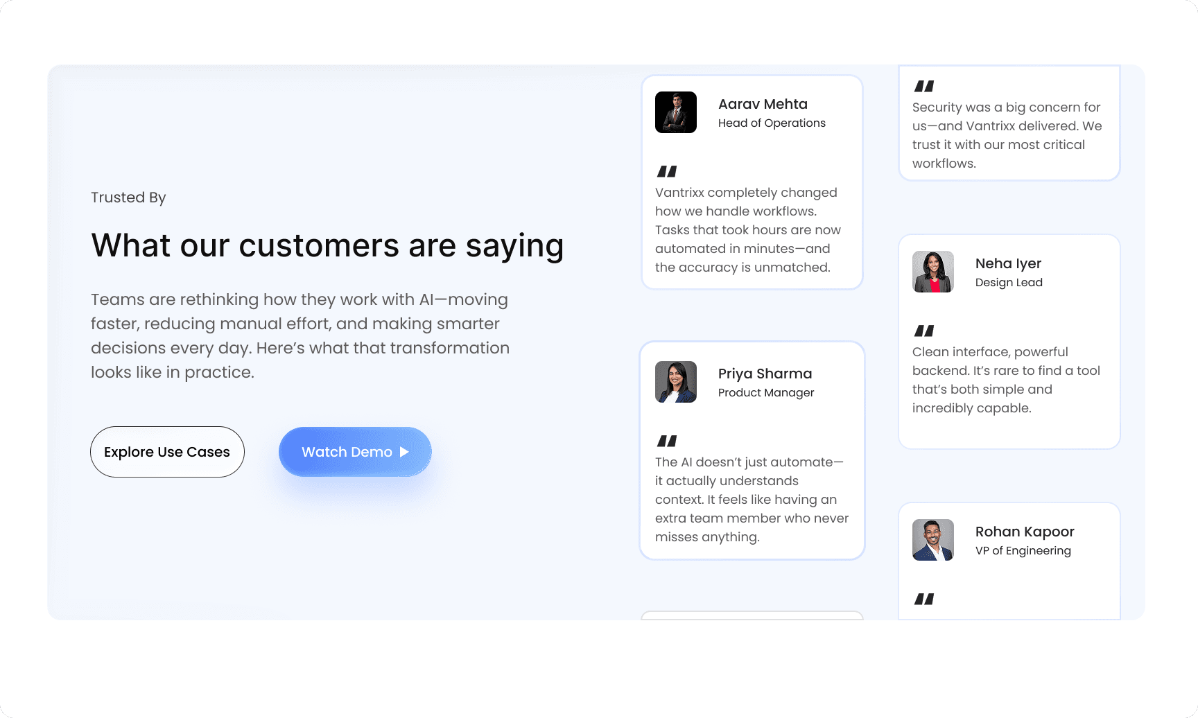 This section builds trust by showcasing real user experiences in a structured and visually engaging format. Testimonials are presented with clear hierarchy and spacing, ensuring readability while reinforcing credibility and product reliability.