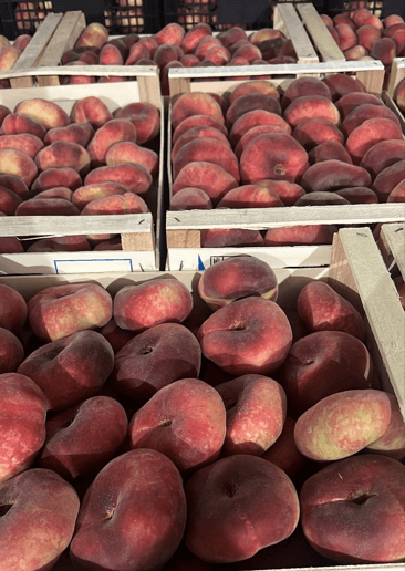 Batch of flat peaches ready for refrigerated truck delivery.