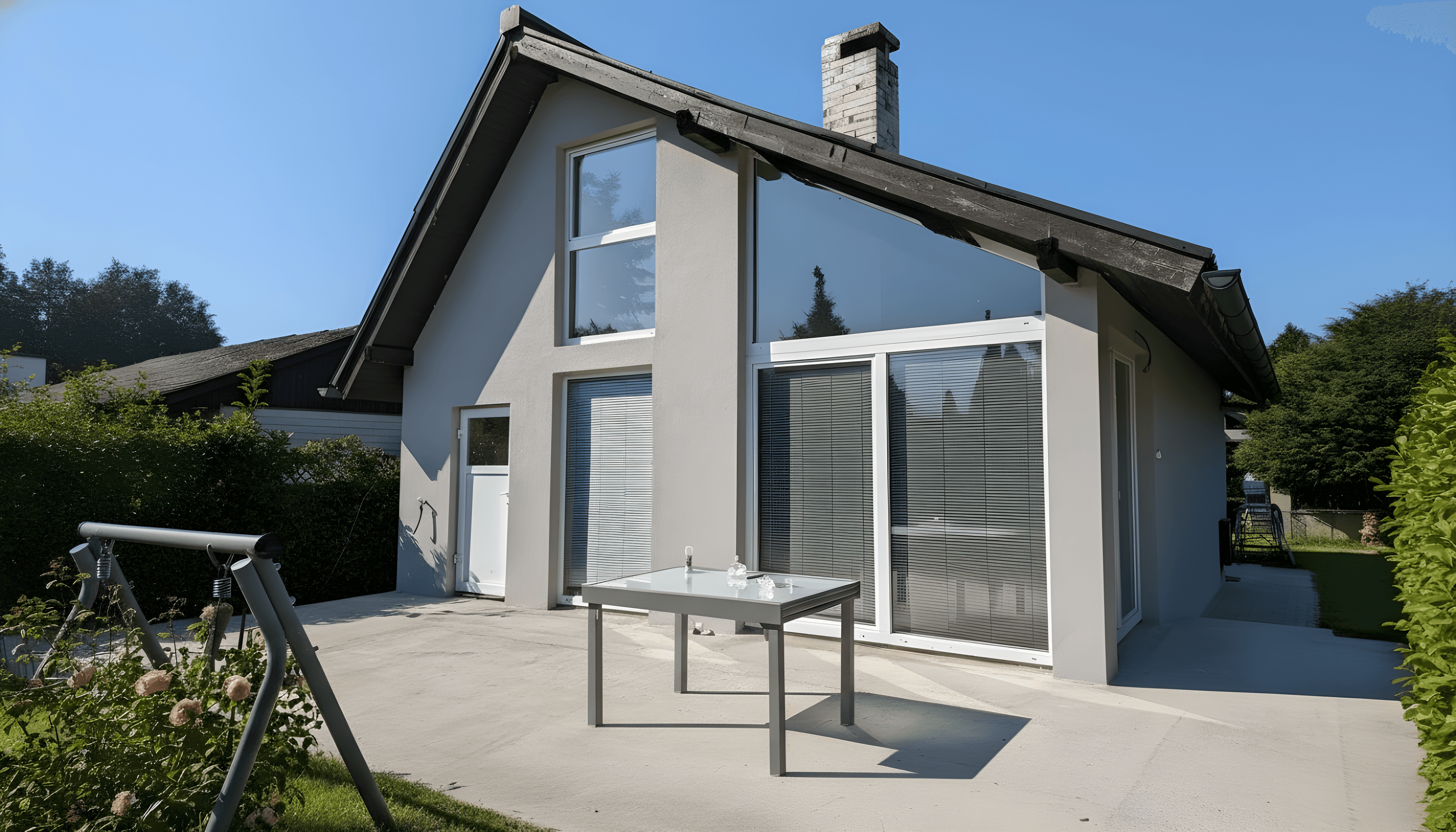 Modernes Einfamilienhaus nach Komplettsanierung in Wien – neue Fassade und große Fensterfronten.