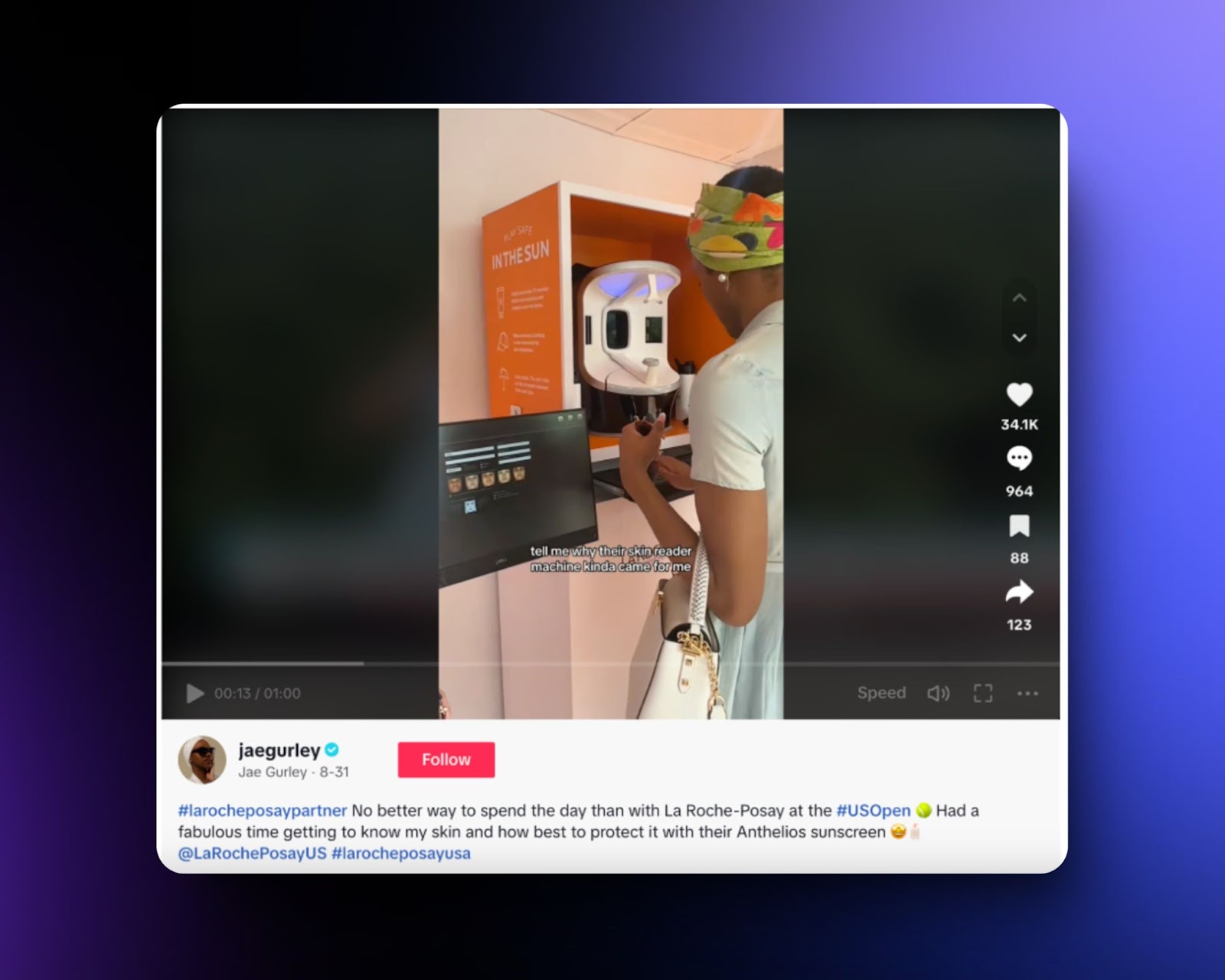 screenshot of TikTok showing a user testing La Roche-Posay sunscreen machine at the US Open, showcasing skincare tech and brand promotion.